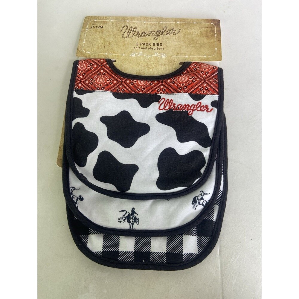 Wrangler Cowboy Cowgirl Cow Plaid Print Food Drool Bibs 3 Pack Infant Baby NEW